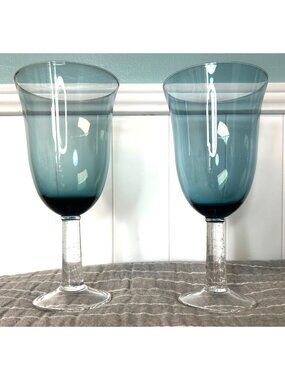 Vintage Gorham Blue Crystal Tea Water Goblets Glasses Crackle Stem Set Of Two 8"